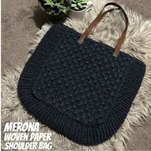 Large Merona Brand Woven Paper Tote Bag-Navy-Faux Leather Straps-Snap Closure